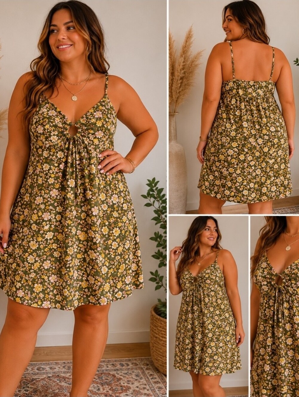 Boho Floral Midi Dress XXL Olive Green Adjustable Strap Sundress